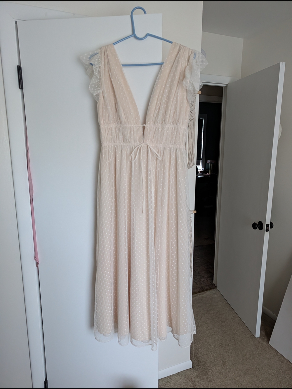 Cream Lulu's Swiss Dot Maxi Dress with Ruffle Shoulders